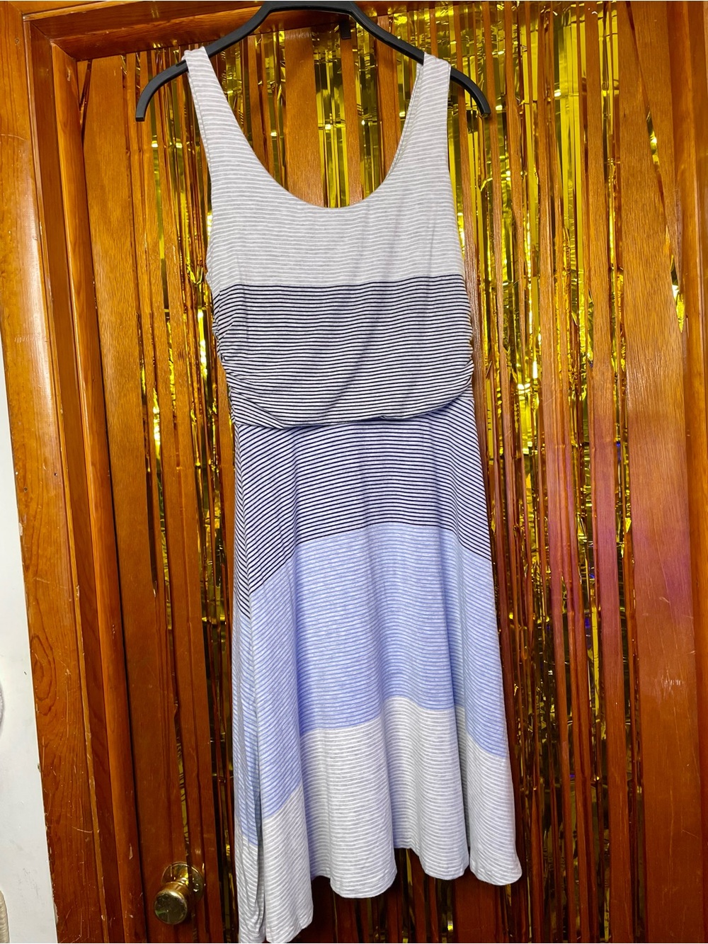 Athleta Striped Scoop Midi Dress in Grey, White, Light Blue